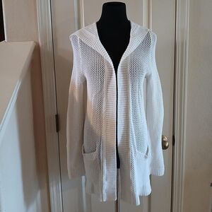 Talbots white 100% cotton open knit long sleeve cardigan sweater pockets M beach